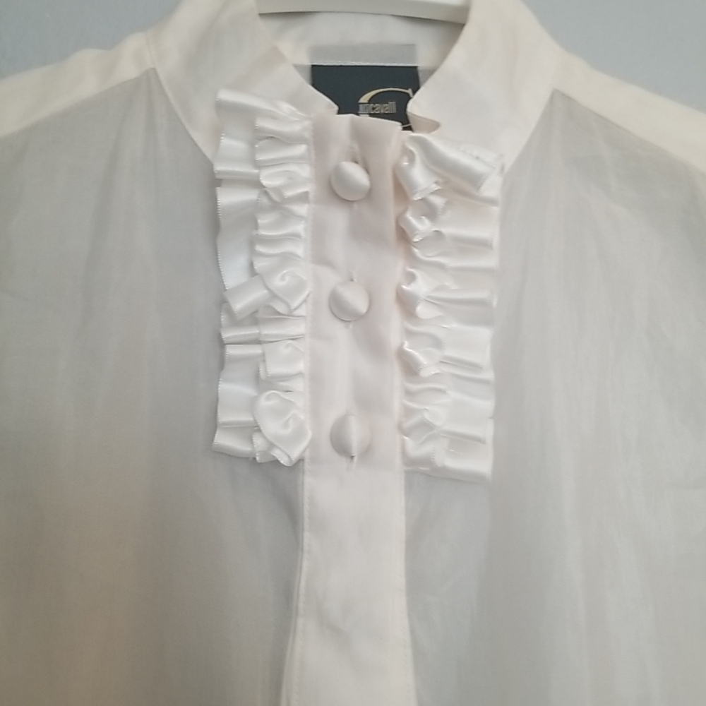Roberto Cavalli White Ruffled Button Down Shirt